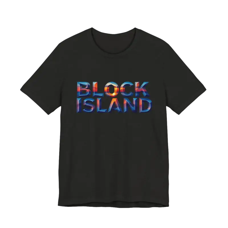 Black t-shirt featuring Block Island text in the Block Island Sunset Unisex Jersey Tee