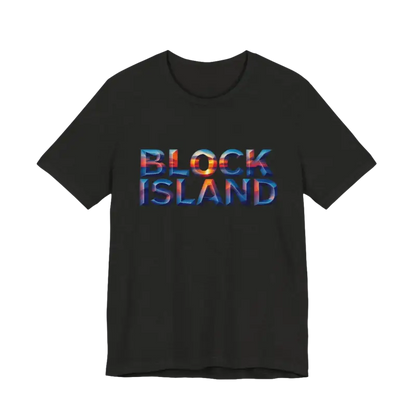 Black t-shirt featuring Block Island text in the Block Island Sunset Unisex Jersey Tee