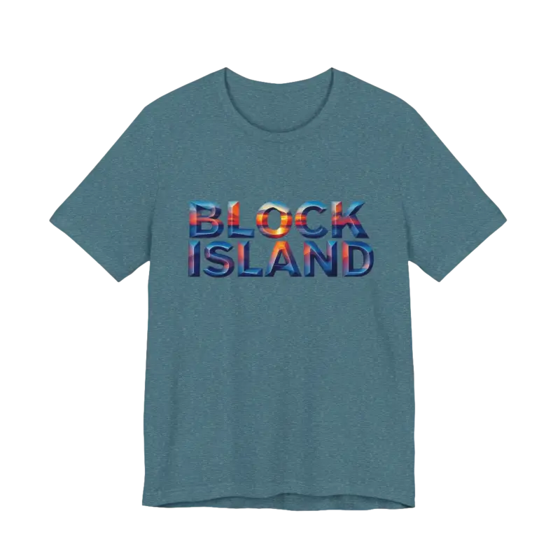 Blue Block Island Sunset Unisex Jersey Tee featuring Block Island text design
