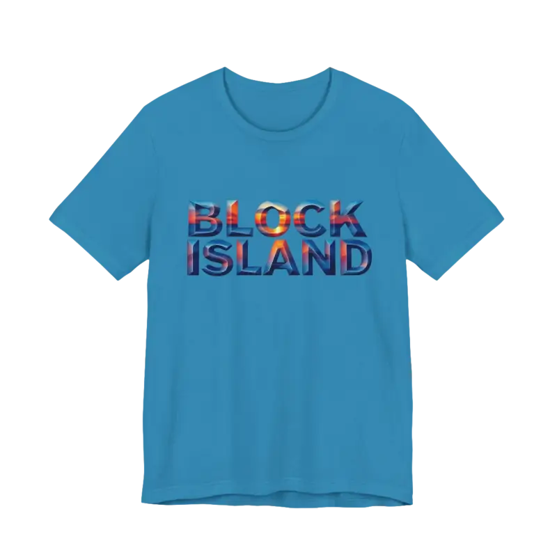 Blue Block Island Sunset Unisex Jersey Tee featuring ’Block Island’ text design