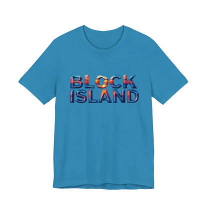 Blue Block Island Sunset Unisex Jersey Tee featuring ’Block Island’ text design