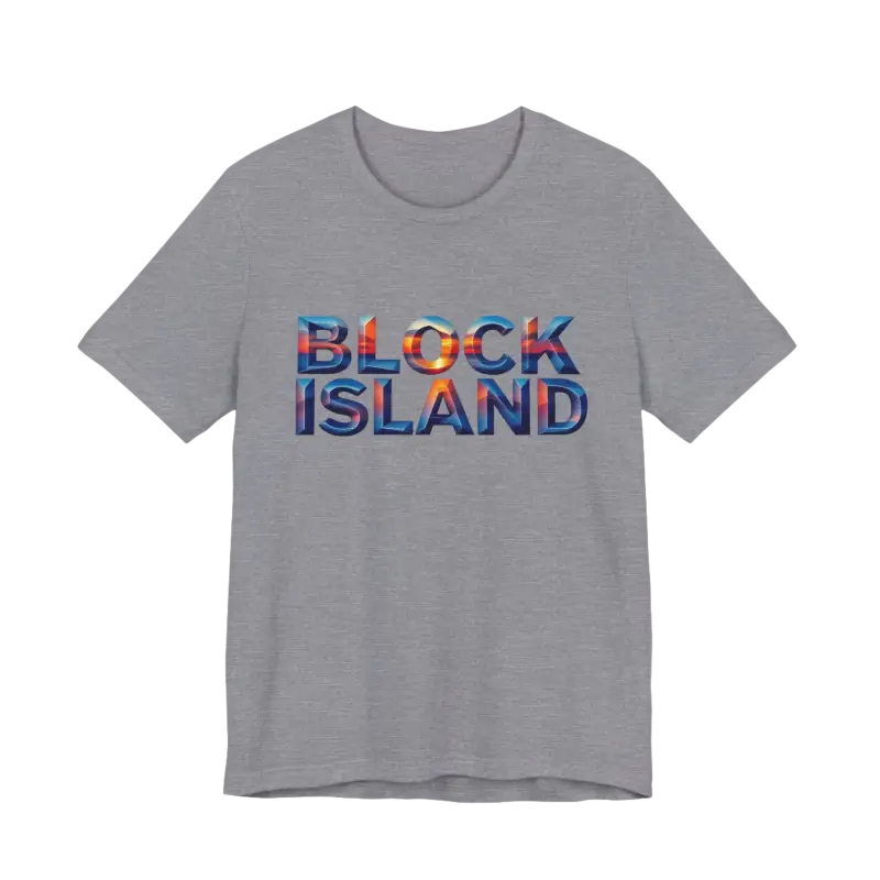 Gray Block Island Sunset Unisex Jersey Tee featuring ’Block Island’ text