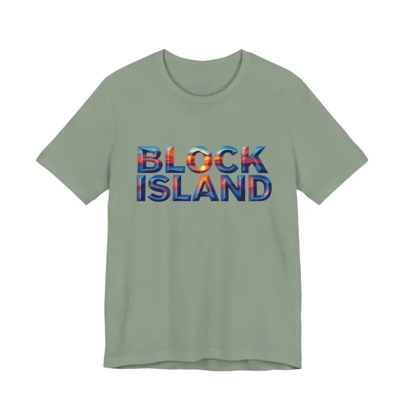 Green Block Island Sunset Unisex Jersey Tee featuring Block Island text design