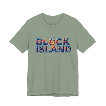Green Block Island Sunset Unisex Jersey Tee featuring Block Island text design