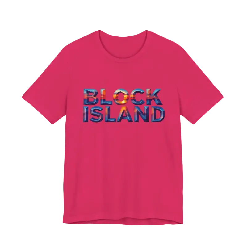 Pink Block Island Sunset Unisex Jersey Tee featuring ’Block Island’ text design