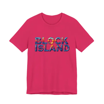 Pink Block Island Sunset Unisex Jersey Tee featuring ’Block Island’ text design