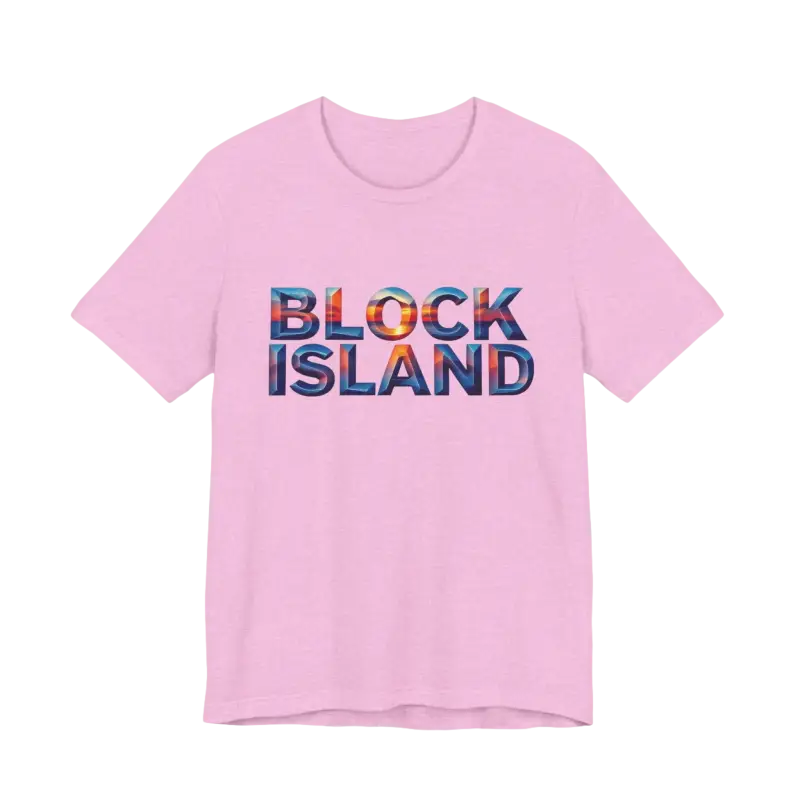 Pink t-shirt featuring Block Island text in Block Island Sunset Unisex Jersey Tee design