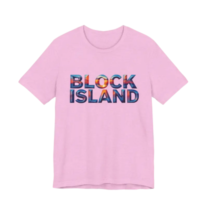 Pink t-shirt featuring Block Island text in Block Island Sunset Unisex Jersey Tee design