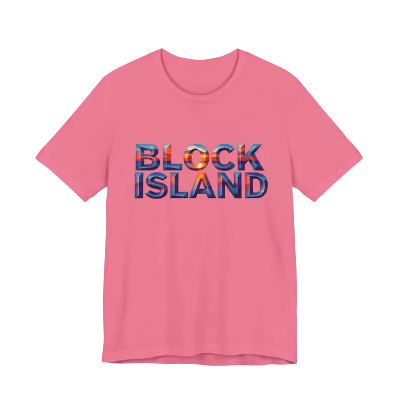 Pink Block Island Sunset Unisex Jersey Tee featuring ’Block Island’ text design