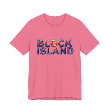 Pink Block Island Sunset Unisex Jersey Tee featuring ’Block Island’ text design