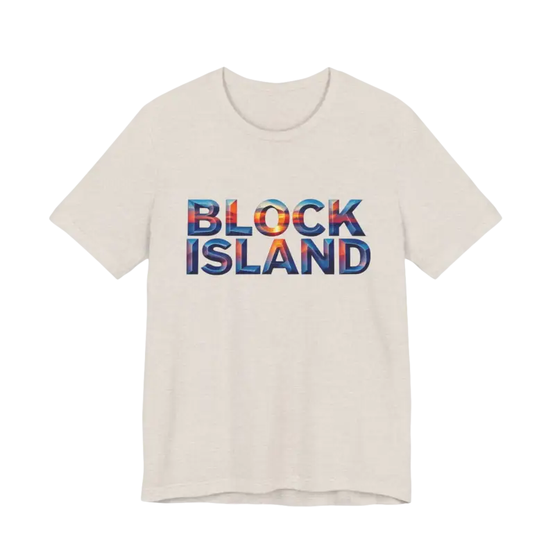 Block Island Sunset Unisex Jersey Tee featuring Block Island text design