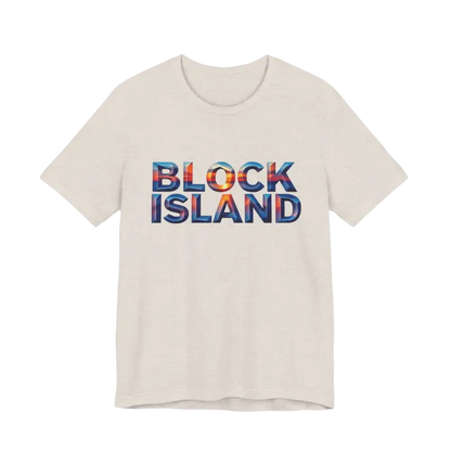 Block Island Sunset Unisex Jersey Tee featuring Block Island text design