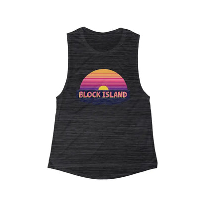 Gray tank top featuring sunset graphic from Block Island Sunset Women’s Flowy Tank Top