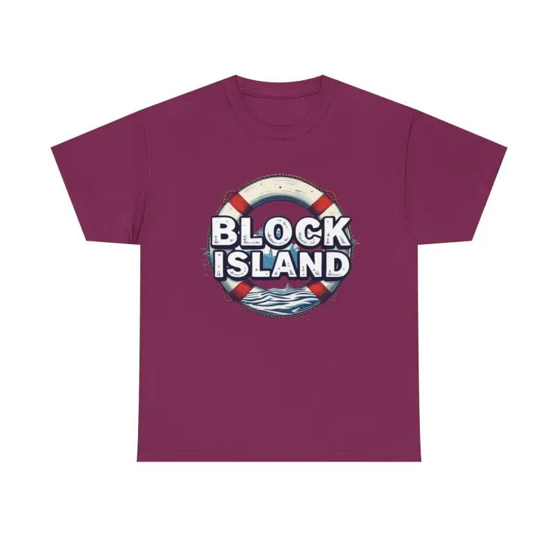 Maroon Block Island Unisex Cotton Tee displayed on a mannequin in a retail setting