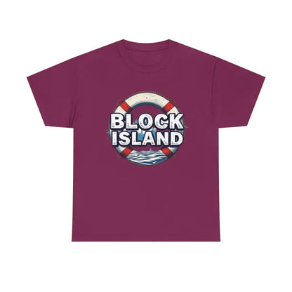 Maroon Block Island Unisex Cotton Tee displayed on a mannequin in a retail setting