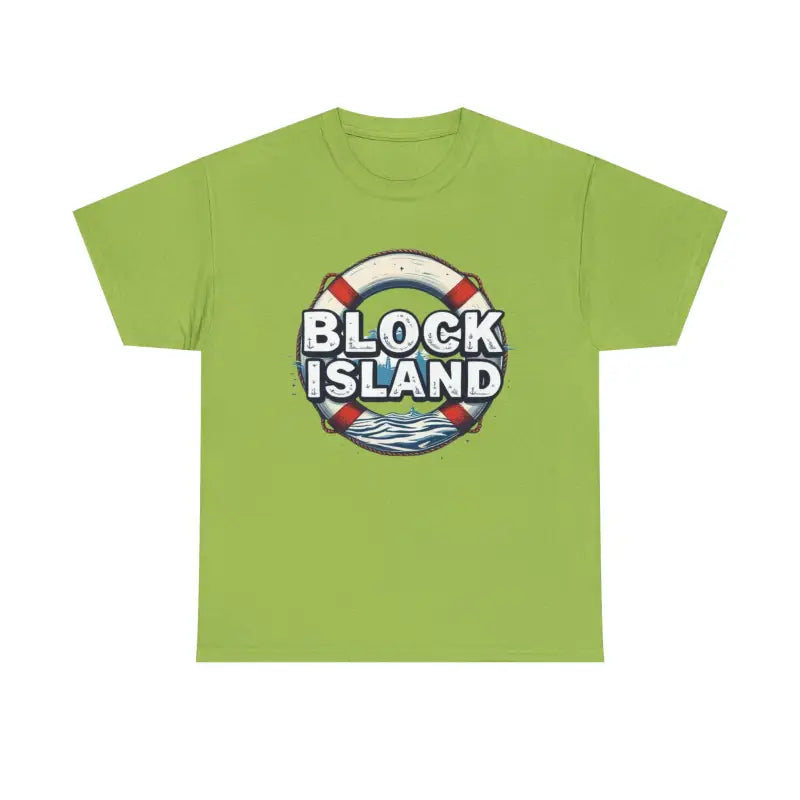 Green Block Island Unisex Cotton Tee featuring a life preserver graphic design