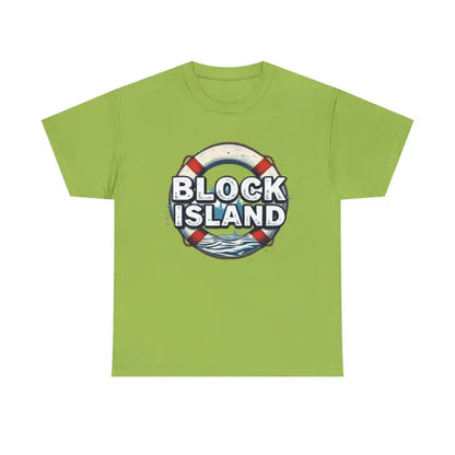 Green Block Island Unisex Cotton Tee featuring a life preserver graphic design
