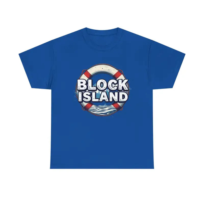 Blue Block Island Unisex Cotton Tee featuring a life preserver graphic design