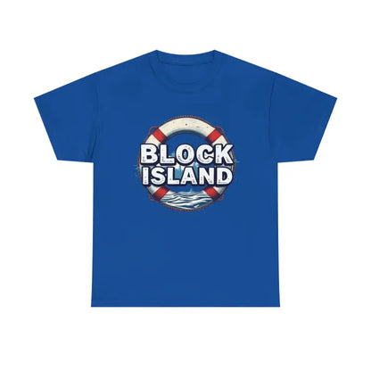 Blue Block Island Unisex Cotton Tee featuring a life preserver graphic design
