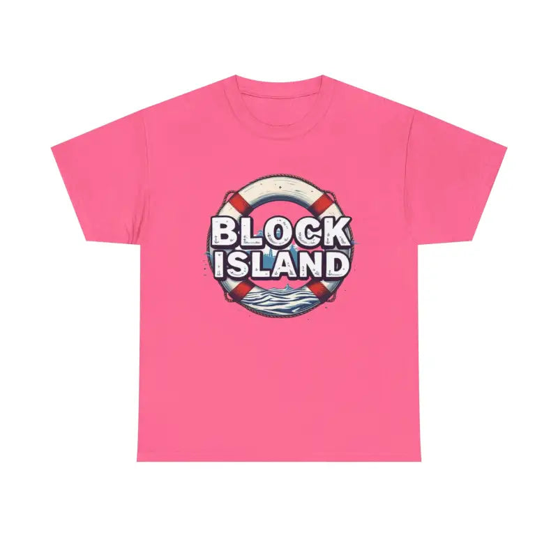 Pink Block Island graphic t-shirt for unisex, featuring soft cotton fabric