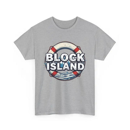 Gray Block Island design t-shirt for men and women, featuring unisex cotton fabric