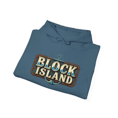 Folded blue hoodie featuring Block Island design from Block Island Unisex Heavy Blend Graphic Hoodie