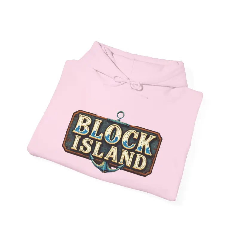Folded pink Block Island Unisex Heavy Blend Graphic Hoodie featuring a stylish graphic