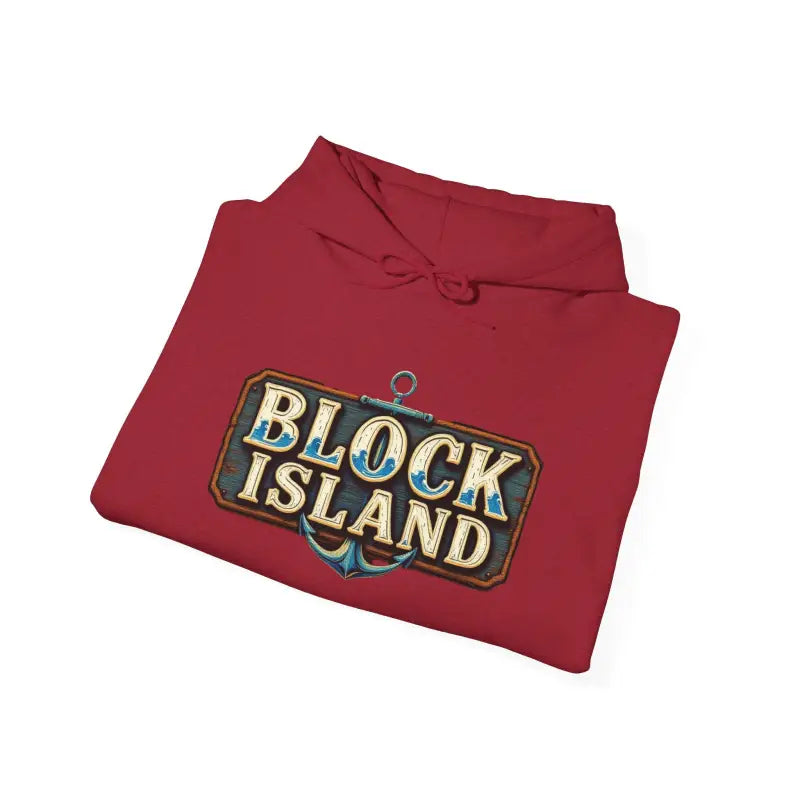 Folded red hoodie from the Block Island Unisex Heavy Blend Graphic Hoodie collection