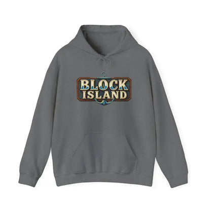 Gray hoodie featuring Block Island graphic from the Block Island Unisex Heavy Blend collection