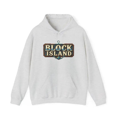 White Block Island graphic hoodie in unisex heavy blend design for casual wear