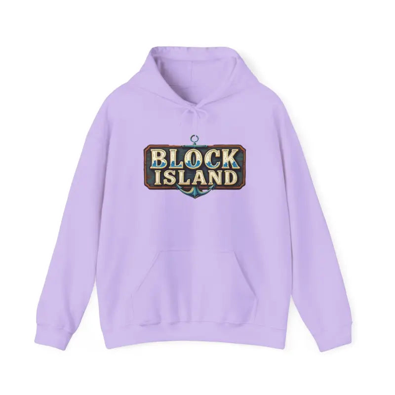 Lavender hoodie featuring Block Island emblem for unisex style and comfort