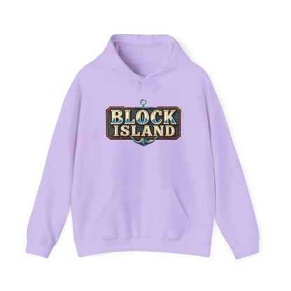 Lavender hoodie featuring Block Island emblem for unisex style and comfort