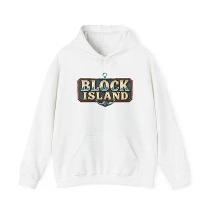 White hoodie featuring Block Island graphic, ideal for unisex casual wear