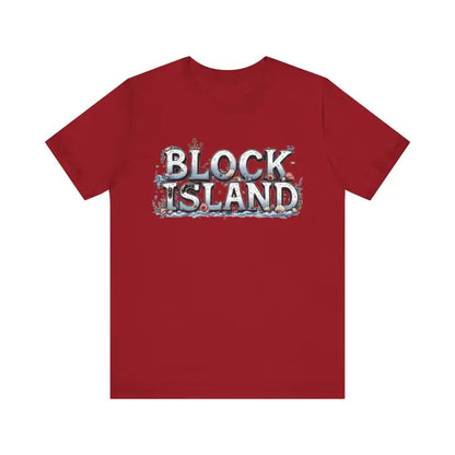 Red Block Island Unisex Jersey Tee featuring stylish text design for casual wear