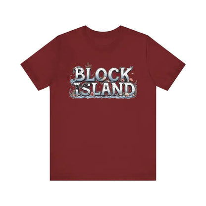 Maroon t-shirt featuring Block Island graphic in Block Island Unisex Jersey Tee style