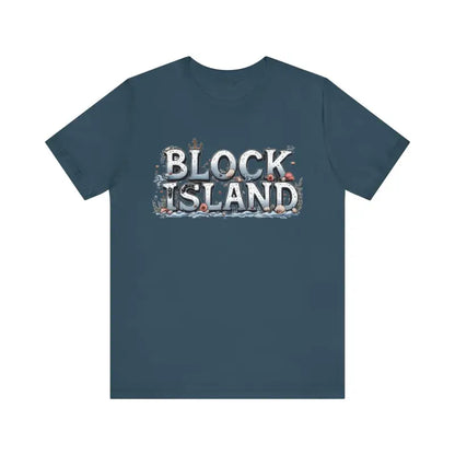 Blue t-shirt featuring Block Island graphic in a stylish unisex design