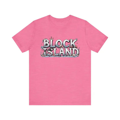Pink Block Island Unisex Jersey Tee featuring stylish text design
