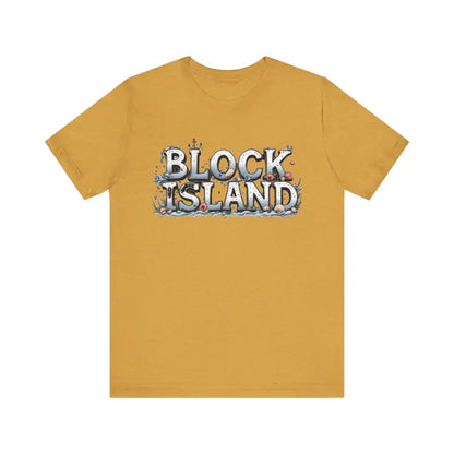 Mustard-colored Block Island Unisex Jersey Tee featuring a graphic design