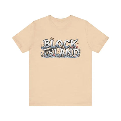 Beige Block Island Unisex Jersey Tee featuring a stylish graphic design