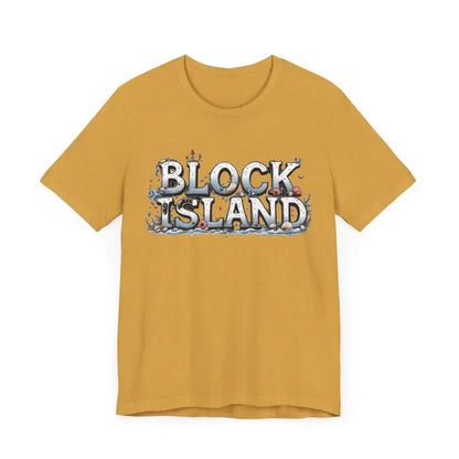 Mustard-colored Block Island Unisex Jersey Tee featuring a graphic design