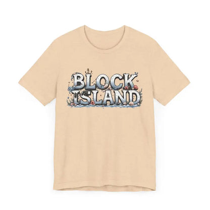 Beige Block Island Unisex Jersey Tee featuring a graphic design on the front