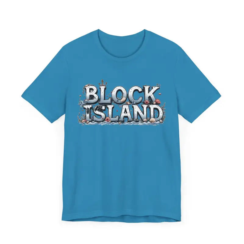 Blue Block Island Unisex Jersey Tee featuring prominent Block Island text
