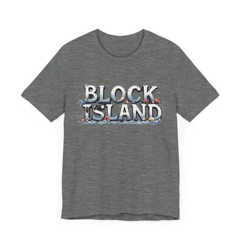Gray Block Island unisex jersey tee featuring stylish text design