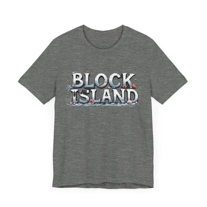 Gray Block Island unisex jersey tee featuring stylish text design