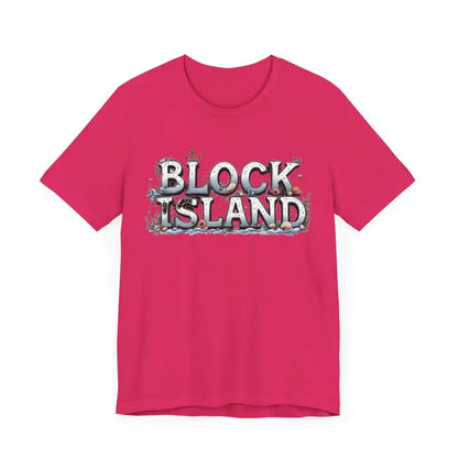 Pink Block Island Unisex Jersey Tee featuring stylish Block Island text design