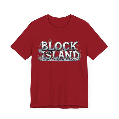 Red Block Island Unisex Jersey Tee featuring a vibrant graphic design