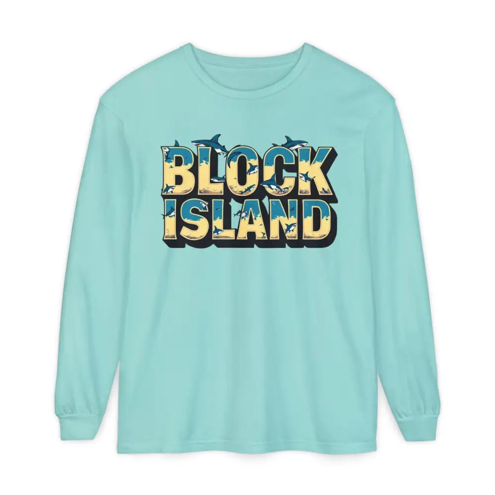 Light blue BLOCK ISLAND Unisex Long Sleeve Tee displayed on a neutral background