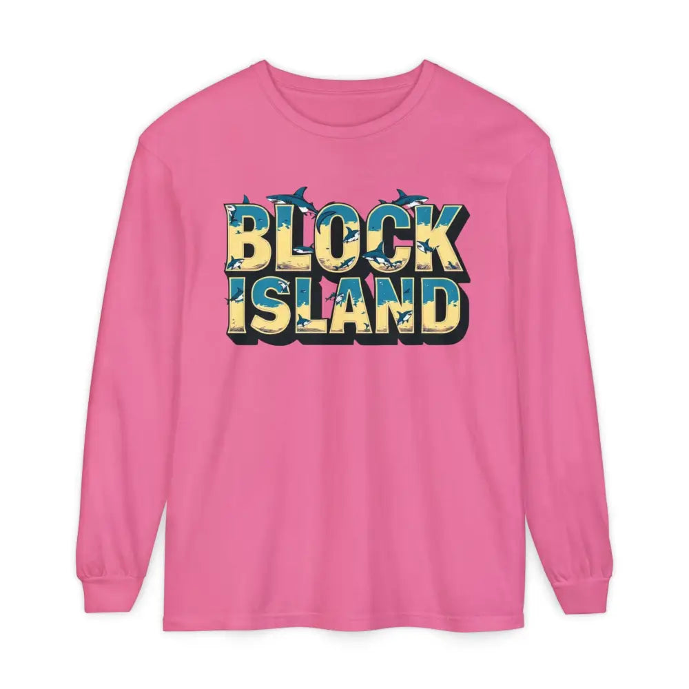 Pink long-sleeved BLOCK ISLAND Unisex Long Sleeve Tee, perfect for casual wear