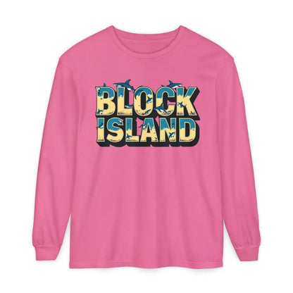 Pink long-sleeved BLOCK ISLAND Unisex Long Sleeve Tee, perfect for casual wear