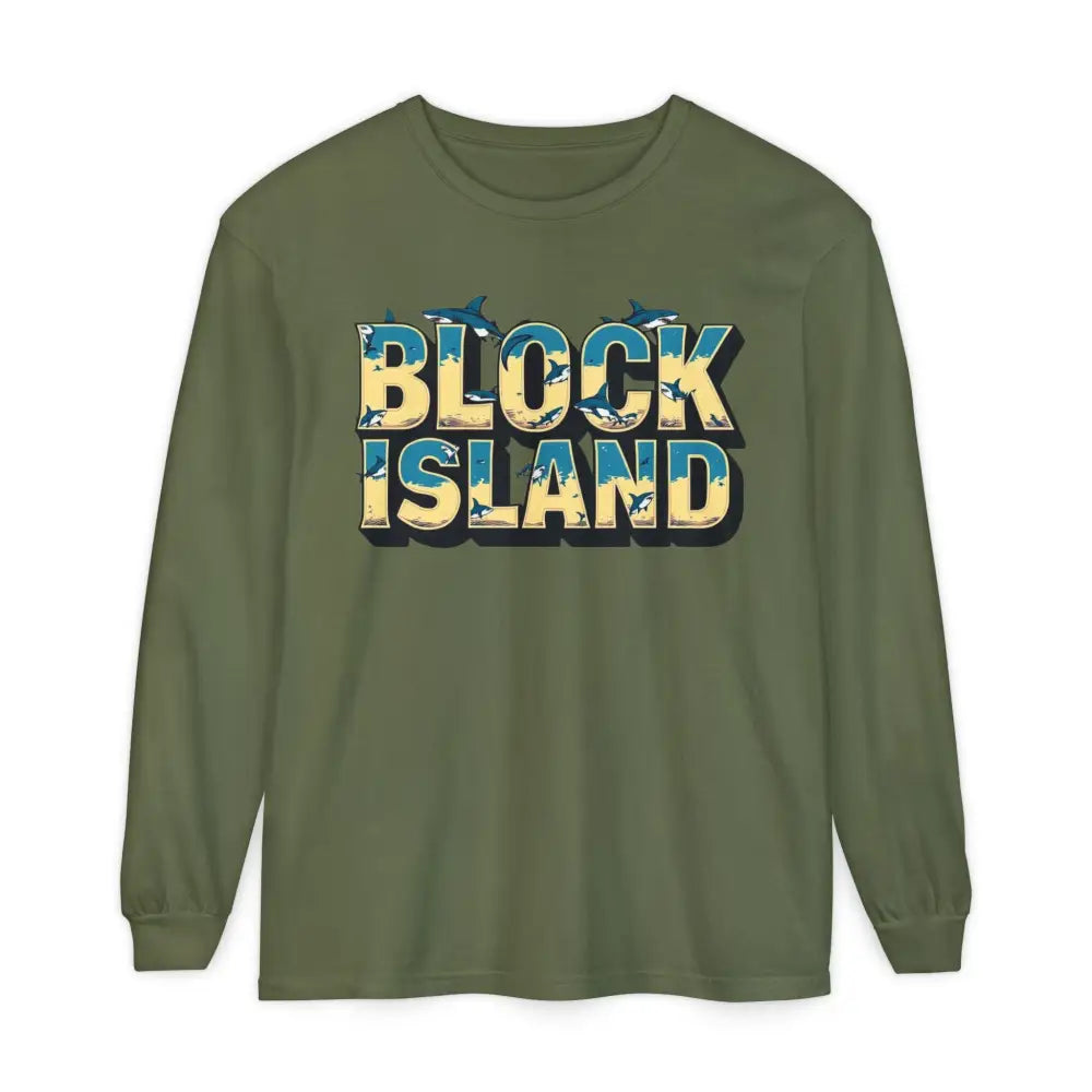 Olive green long-sleeved shirt from the BLOCK ISLAND Unisex Long Sleeve Tee collection